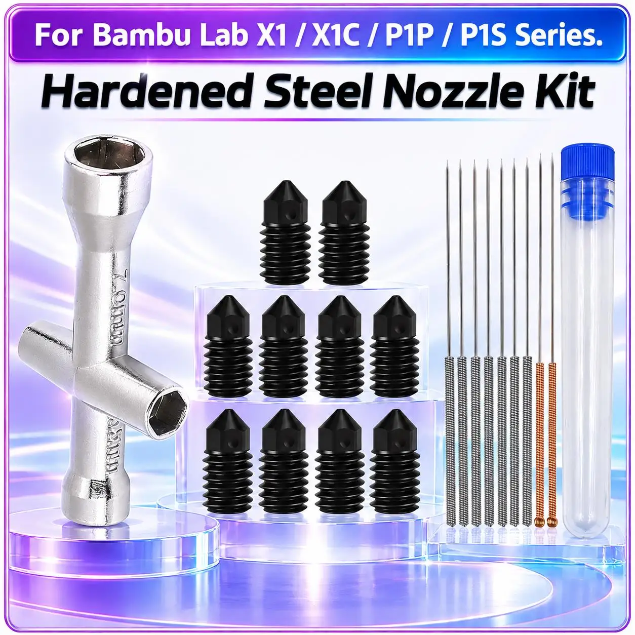 Hardened Steel Nozzle Kit 7mm Wrench Cleaning Needles for Bambu Lab X1 X1C P1P P1S 3D Printer Hotend Nozzle 0.2 0.4 0.6 0.8mm