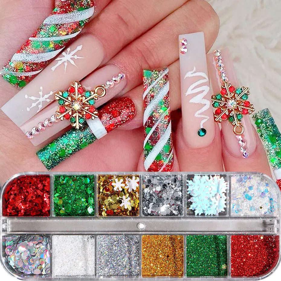 12グリッドクリスマスレーザーネイルグリッターフレーク虹色輝くミックスネイルクロムパウダー3D不規則ホロフレークマニキュアデコレーション