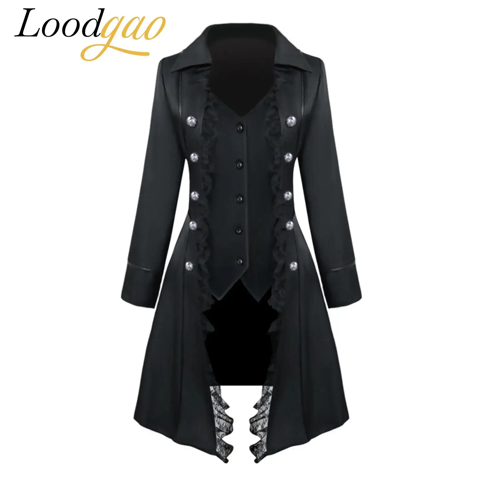 

Women Steampunk Medieval Costume Halloween Roleplay Long Outerwear Vampire Cosplay Gothic Coat Jacket Floral Lace Trim Tailcoat