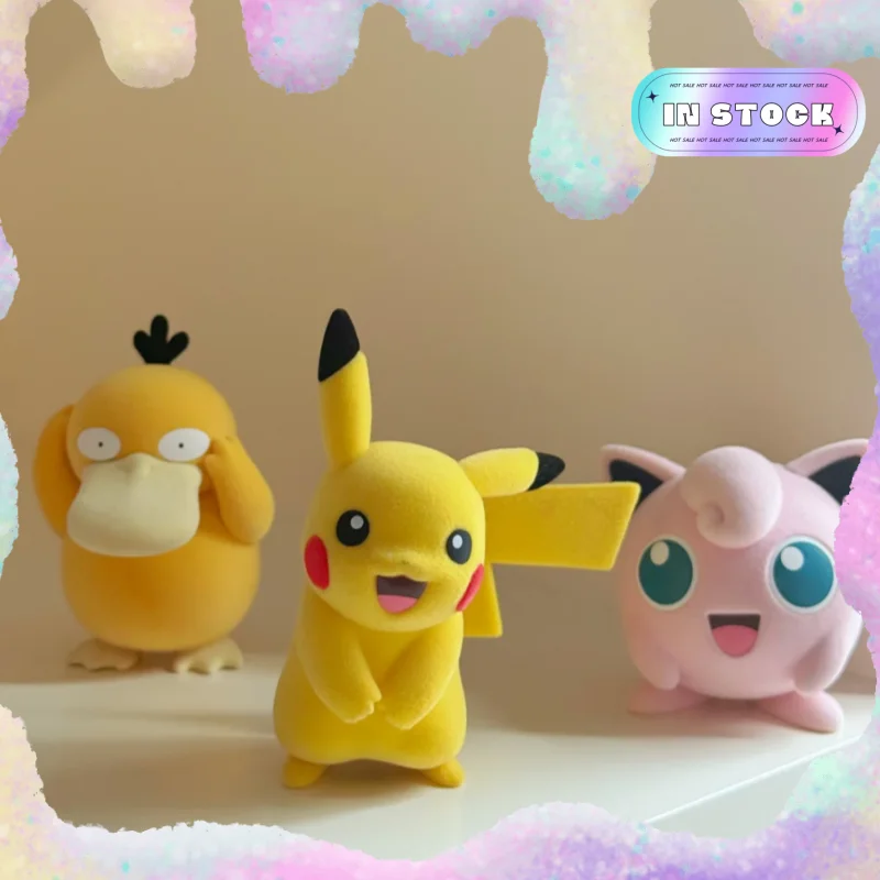 

New Flocking Pokemon Hot Cartoons Movie Action Figure Pikachu Eevee Pachirisu Psyduck Collection Pet Model Push Toys Gifts