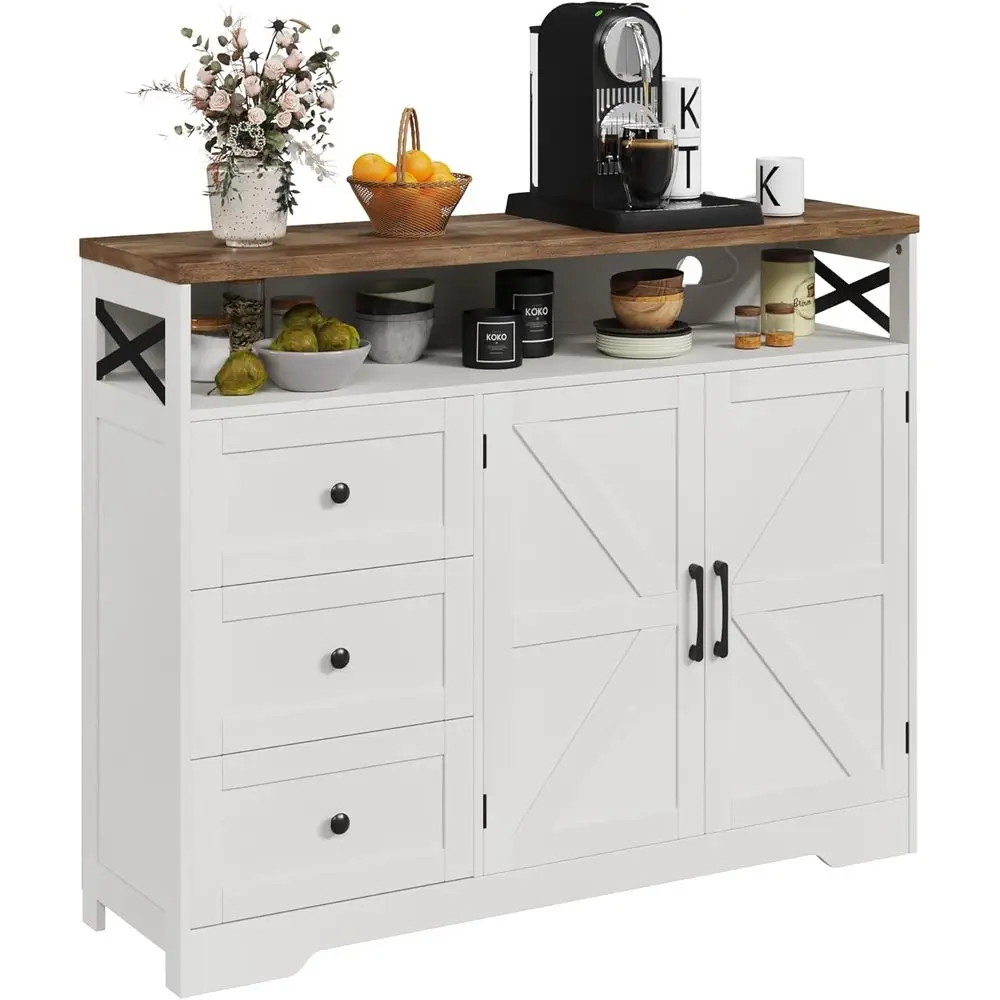 

White 47 Kitchen Cabinet with Drawers, Open Shelves, Sideboard Storage, Pantry Hutch, Coffee Bar Station for Living Room