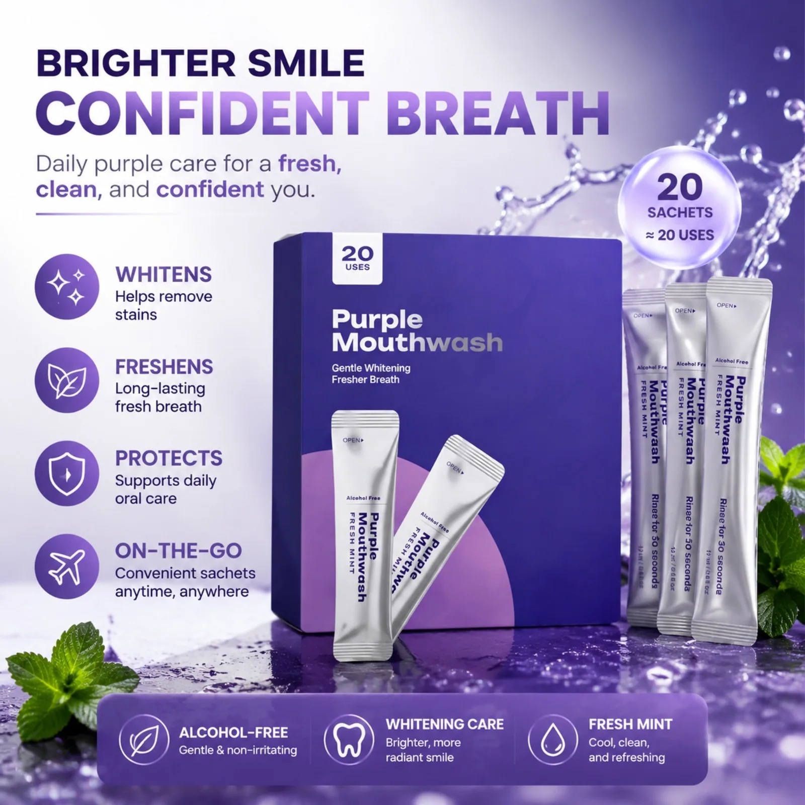 Purple Mouthwash for Teeth Whitening Color Correcting Mouthwash Sachets Supports Gum Health Mint Tooth Clean Mouth Wash