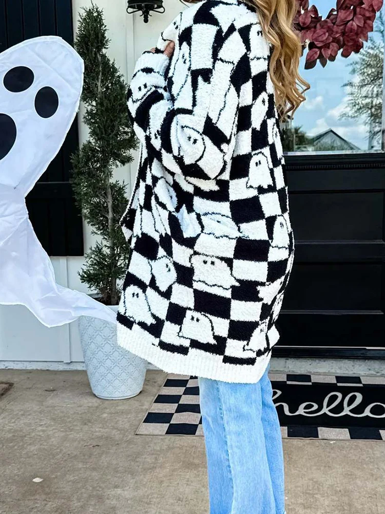 

Повседневный свитер с длинным рукавом и v-образным вырезом, элегантный женский джемпер с длинными рукавами, вязаные кардиганы с принтом на Хэллоуин и призраком