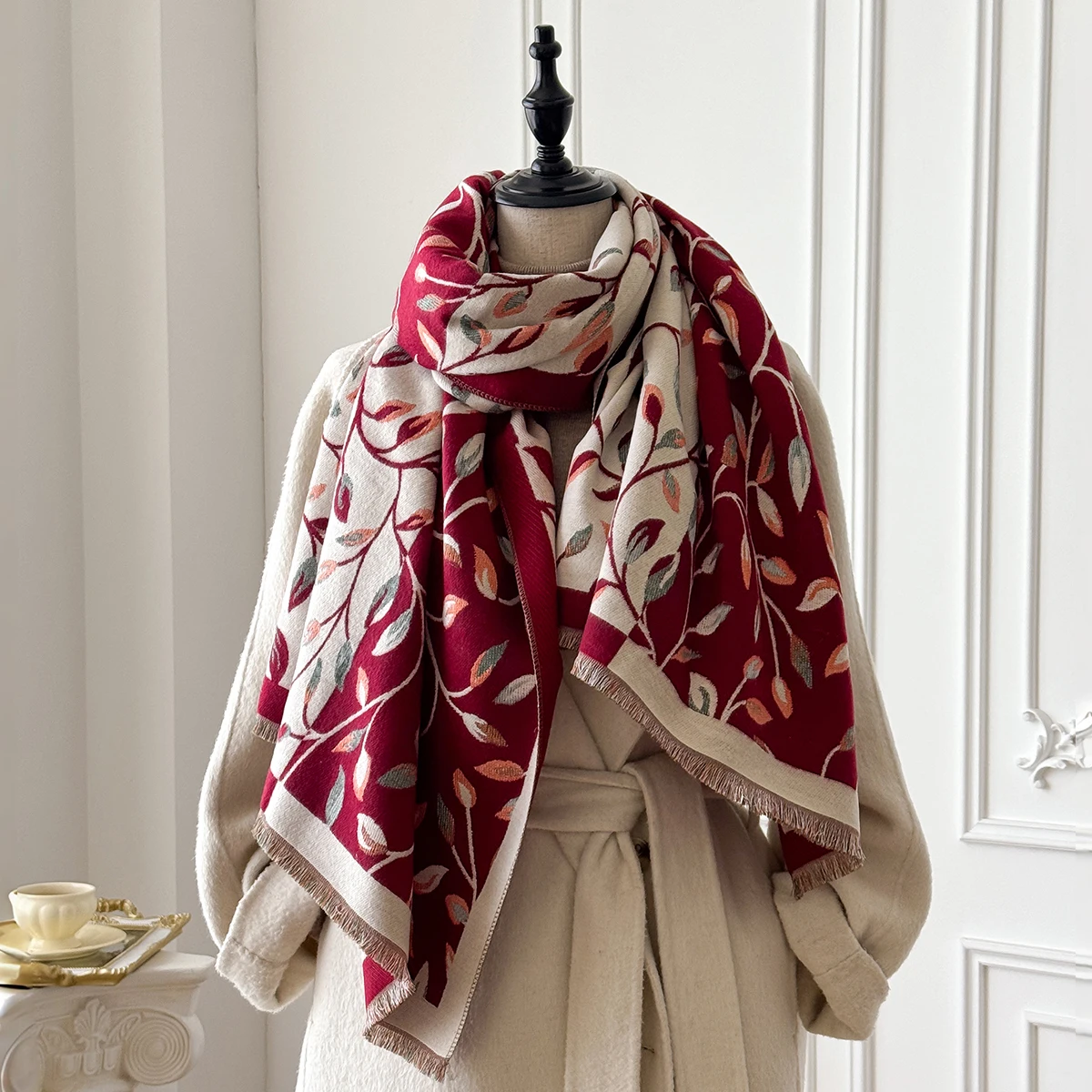 Brand Fashion Damen-Winterschal aus Kaschmir – Vintage-Ölgemälde mit Blattmuster, Quasten-Pashmina, dicker Wickel- und Echarpe-Poncho – Detail 4