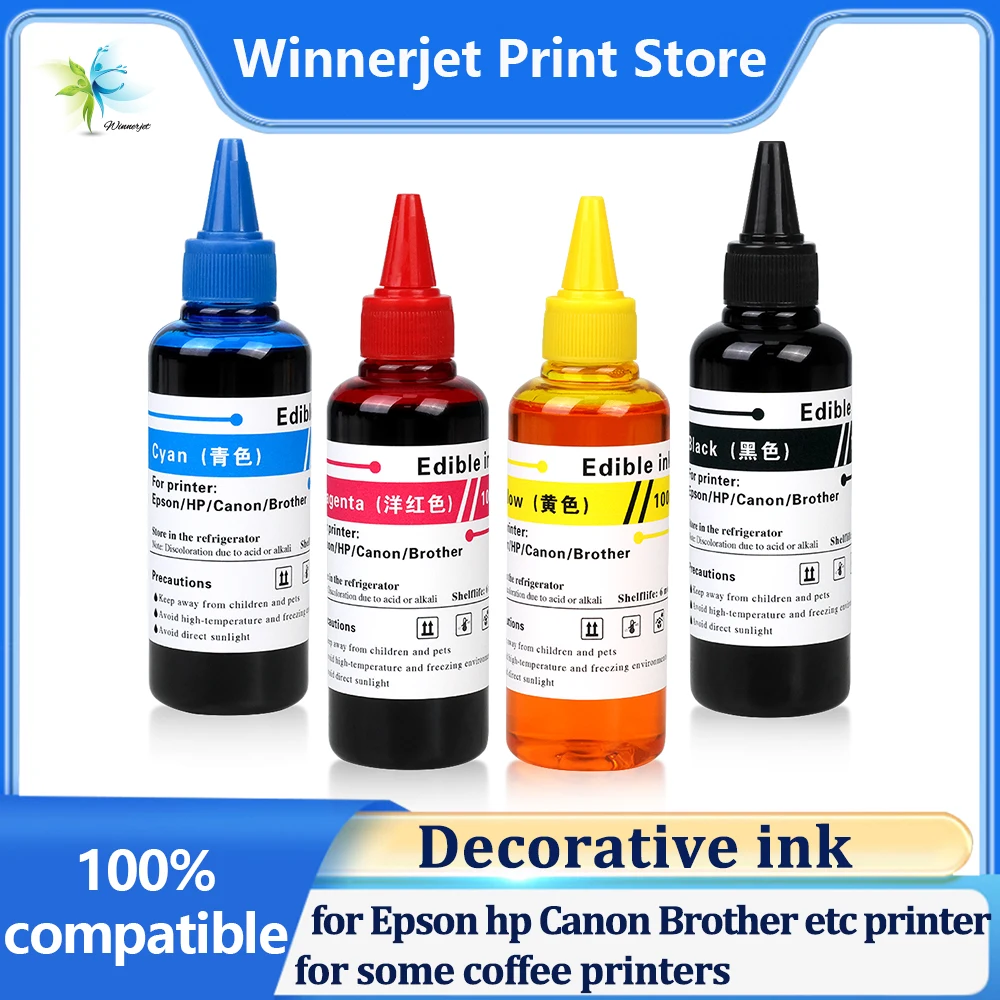 Winnerjet 100ml Decorative Ink Refill Ink Bottles for Epson HP Canon Brother Etc Ink Printer for Some Coffee Printers