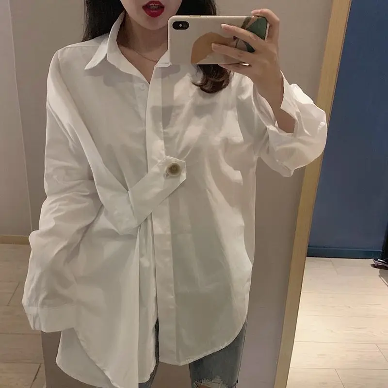 Irregular White Loose Trend Blouse Spring New Long Sleeve Polo Neck Solid Fashion Shirt Tops High Street Casual Women Clothing