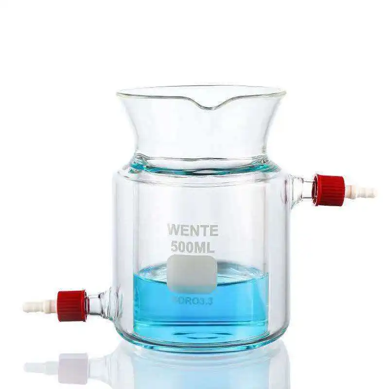 High Borosilicate Glass Double-Walled Jacketed Reaction Cup Small Mouth with Drainage Port for Photocatalytic Processes Cold Tra