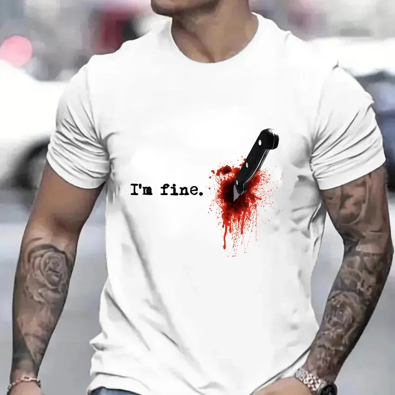 I'm Fine Bloody Halloween T-shirt for Men Women Bloody Knife Graphic T Shirts Tee Shirts Funny Spooky Shirt Short Sleeve Tops