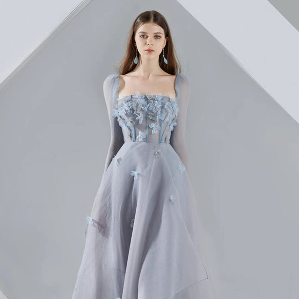

Customized Square Collar Draped Tulle Evening Dress ILLUSION Full Sleeves Appliques Party Dress A-line Ankle Length Prom Gown