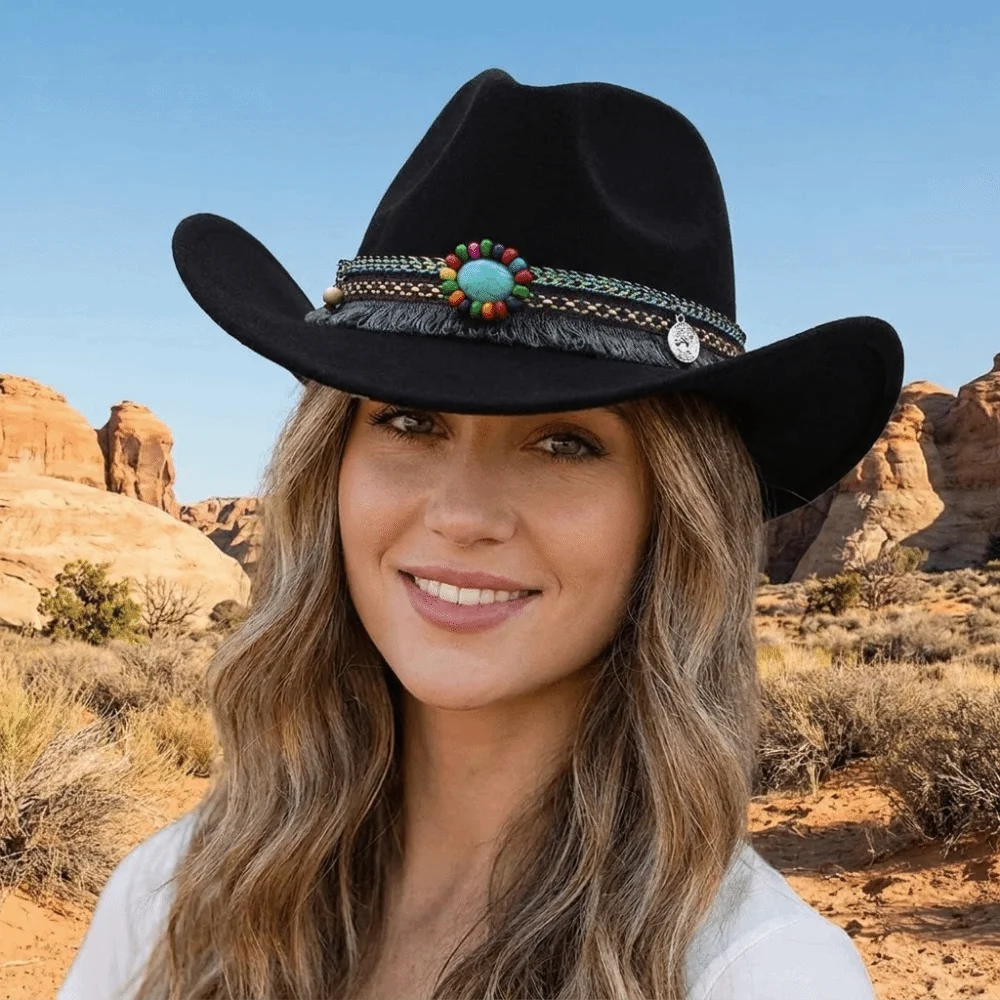 Vintage Woolen Western Cowboy Hat with Tassels Solid Color Party Cosplay Hat Big-edge Roll Brim Cowgirl Jazz Hat Gentleman
