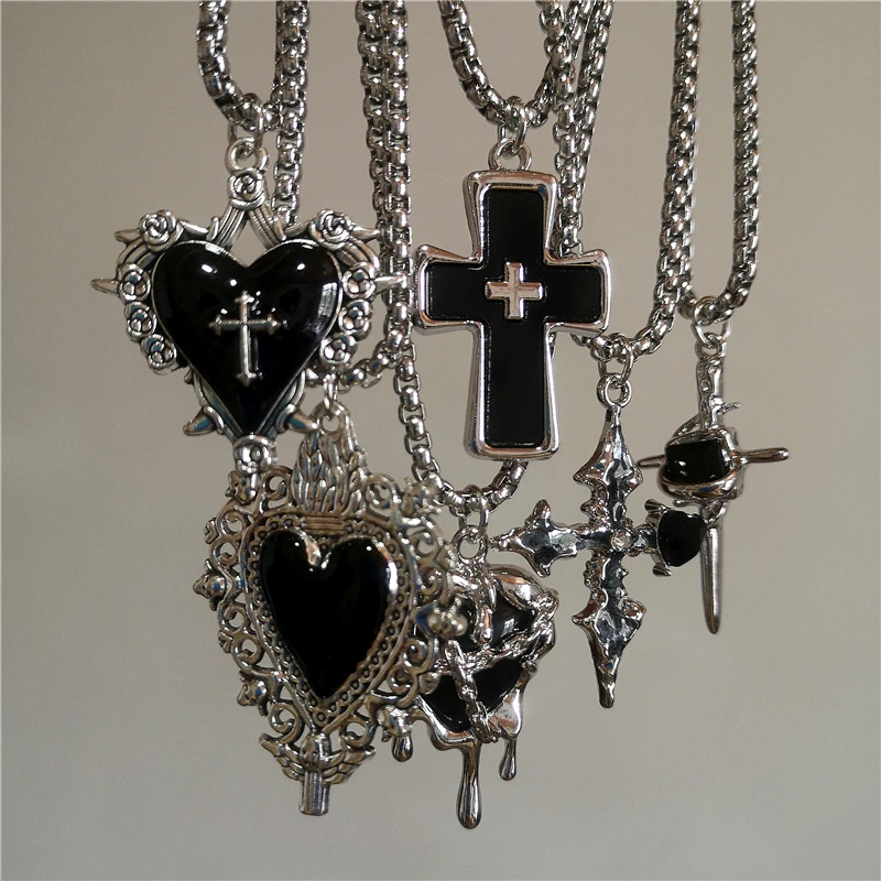 Gothic Y2K Black Thorn Cross Heart Pendant Choker Box Chains