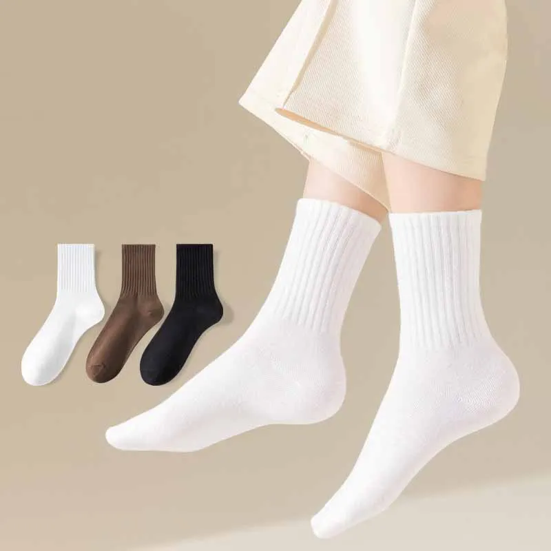 2pairs Autumn Woman Black White Coffee Middle Tube Socks Female Breathable Solid Color Casual Socks for Women