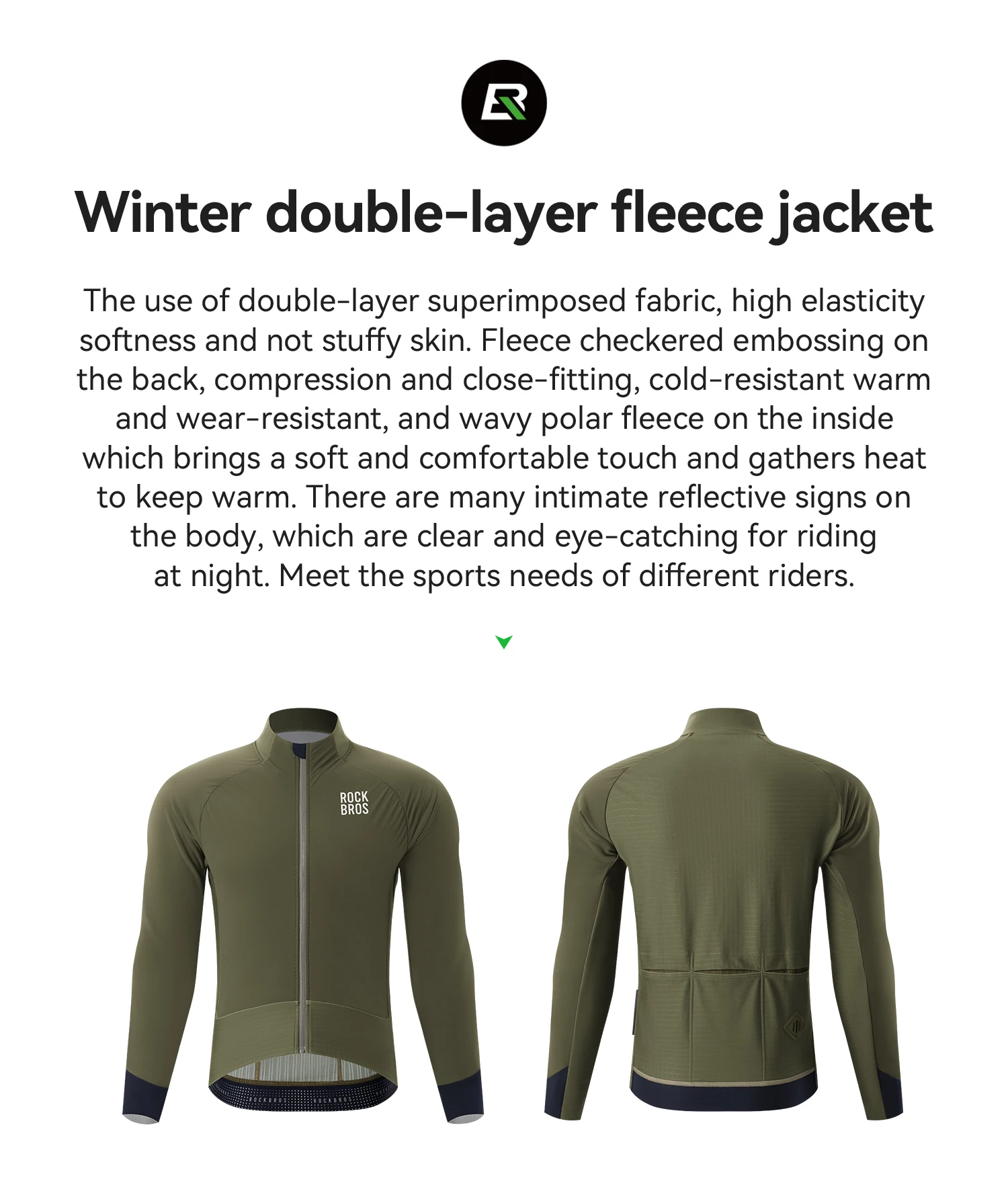 ROCKBROS Winter-Fleece-Fahrradjacke für Herren, winddicht, doppellagig, Thermo-Fahrradtrikot mit Rückentaschen, reflektierende Fahrradjacke – Detail 2