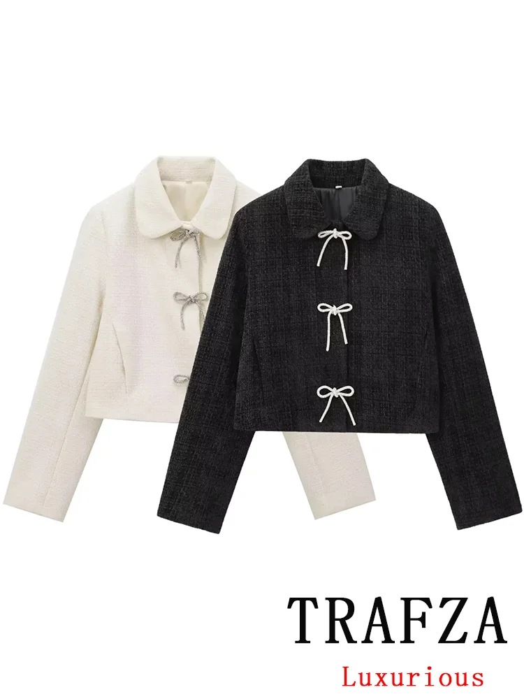 TRAFZA Vintage Casual Chic Women Jackets Solid Bow Button Long Sleeve Coats New Fashion 2024 Autumn Winter Jacket Outwear