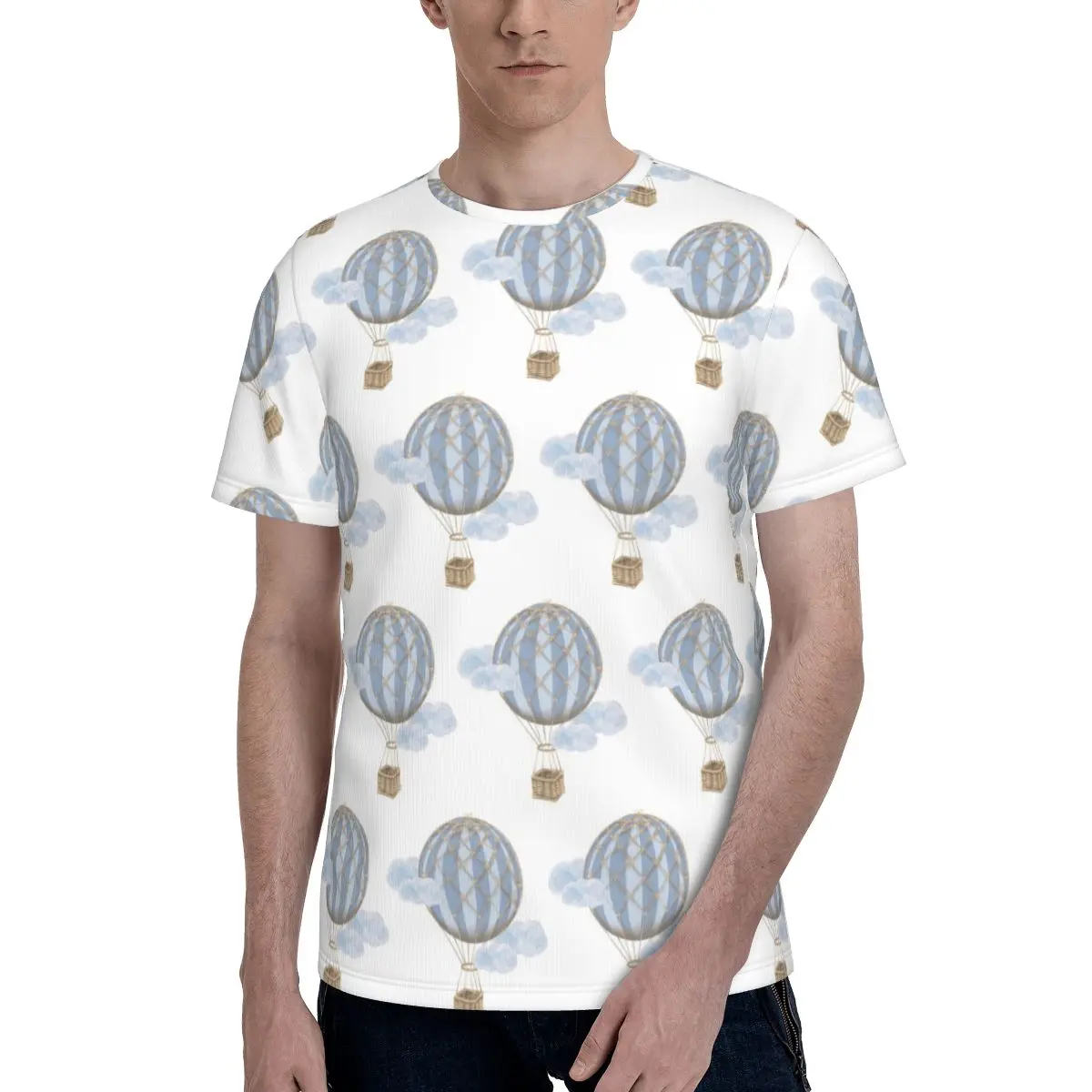 Blue Vintage Hot Air Balloon T-Shirt for Men Cotton T Shirts Men's Tees Short O-Neck Summer Clothes Tops