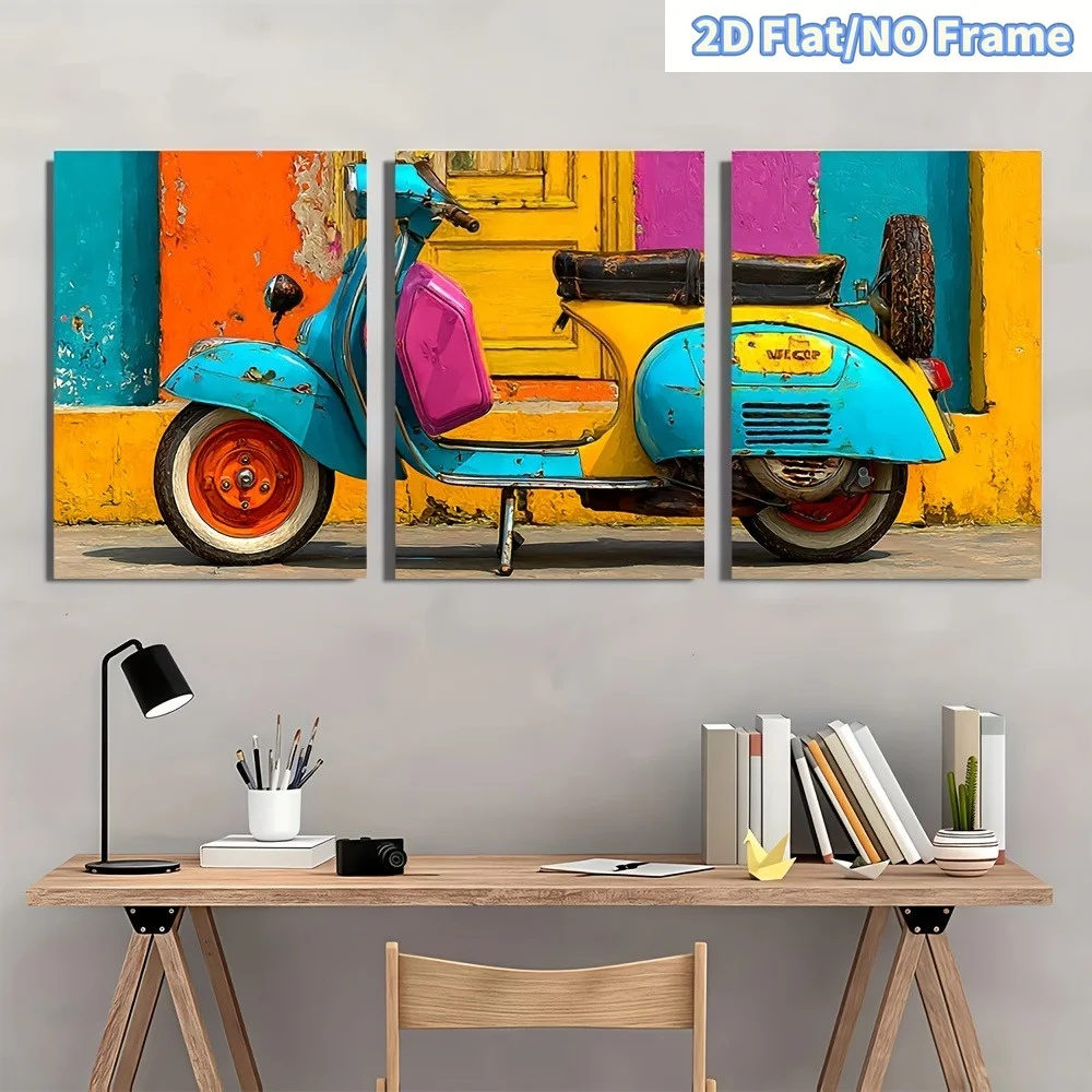（NoFrame 3pcs）-2D Flat, 2D Flat Frameless 3pcs Set. The Image Features a Vintage Classic Scooter Against a Striped Background