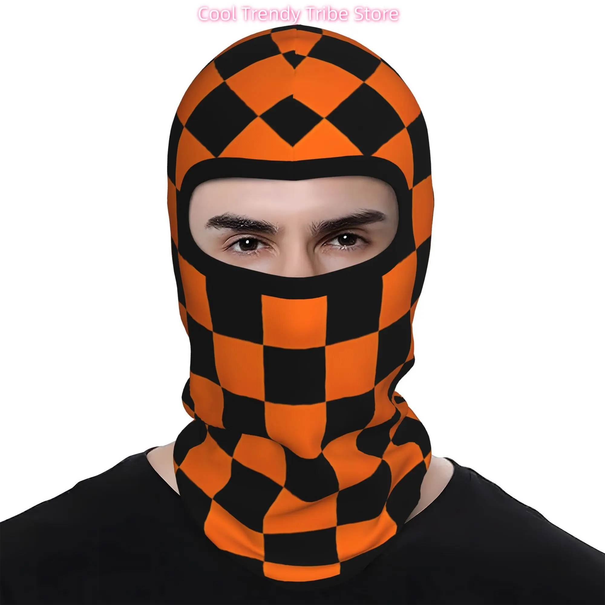 1pc Balaclava Featuring an Orange And Black Checkerboard Design, Suitable for Outdoor Activities Like Cycling And Skiing. This B