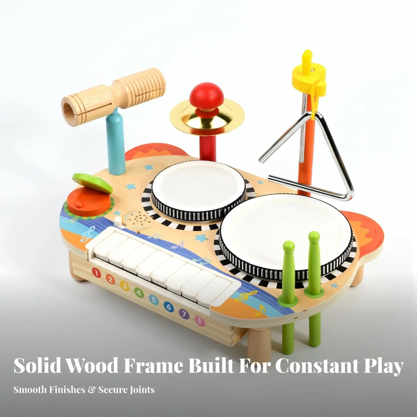 Kids Percussion Drum Table Wooden Sound Maker with Cymbal and Keyboard for Active Play Learning