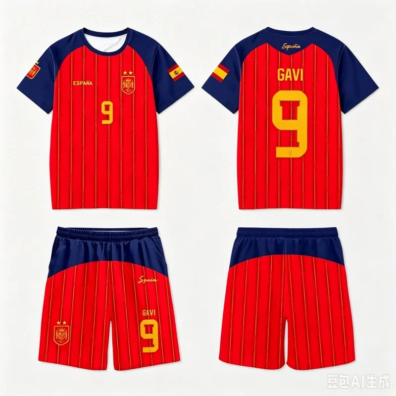 2026 Spanien Team Uniform Yamal Fußball-Uniform T-Shirt und Shorts Kurze Hosen Herren Freizeithosen Sporthosen Familien-Kinder-T-Shirt-Set – Detail 4