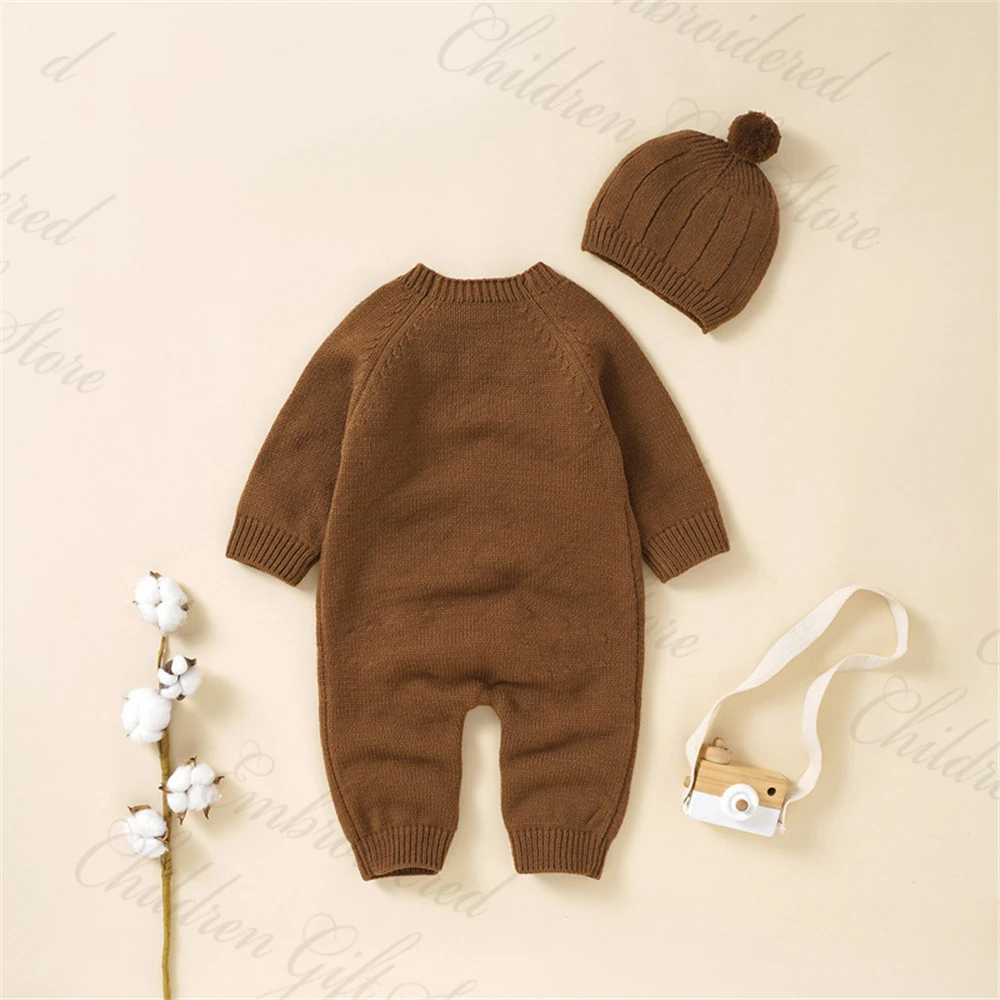 Combinaison tricotée avec chapeau pour bébé garçon et fille, pull personnalisé avec nom brodé, joli ensemble imbibé, cadeau de naissance pour