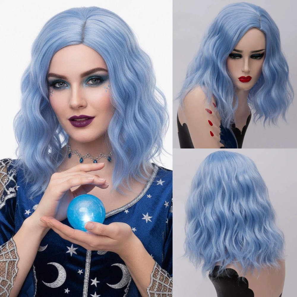 باروكة نسائية قصيرة مموجة باللون الأزرق في الجزء الأوسط مقاومة للحرارة للحفلات التنكرية والحفلات اليومية #1