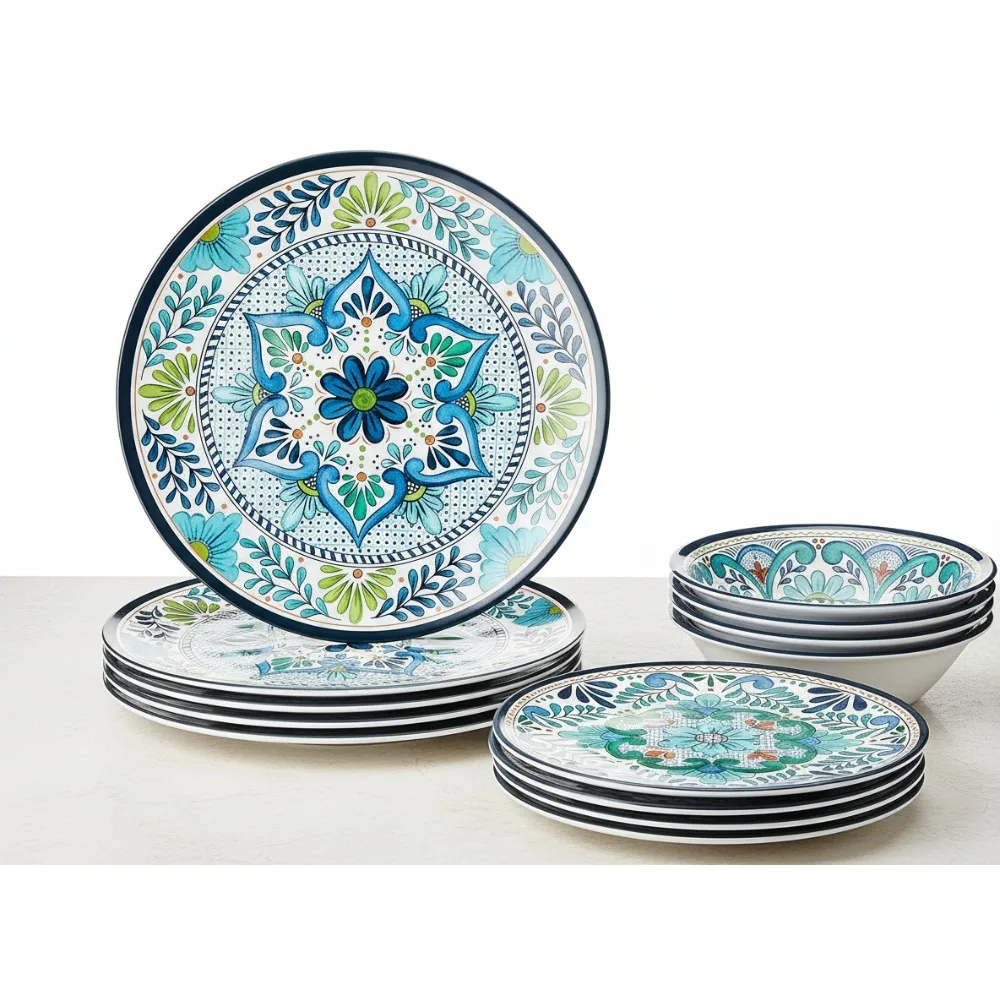 

Spanish Tile 12-Piece Melamine Dinnerware Set - Shatterproof, Dishwasher Safe Plates & Bowls for Family Dining