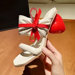 Large Size43 White Leather Women Slippers Cute Bowknot Decor Summer Slides Red Heart High Heels Lady Prom Party Pumps Zapatos