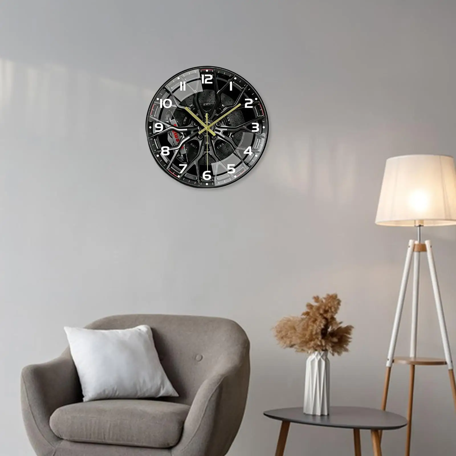 Unique 2D Car Wheel Hub Wall Clock Modern Glass Silent Sweep Hanging Decor Retro Style for Living Room Bedroom Restaurant
