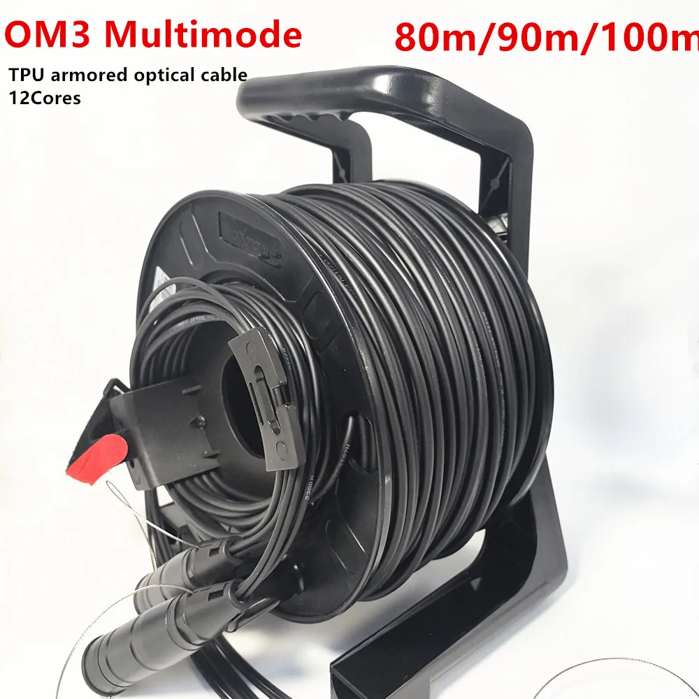 OM3 Multimode,12 Cores,TPU Armored Optical Fiber Cable,Waterproof,LC UPC,SC UPC With PCD235 Reel,Protective Cover,80m,90m,100m