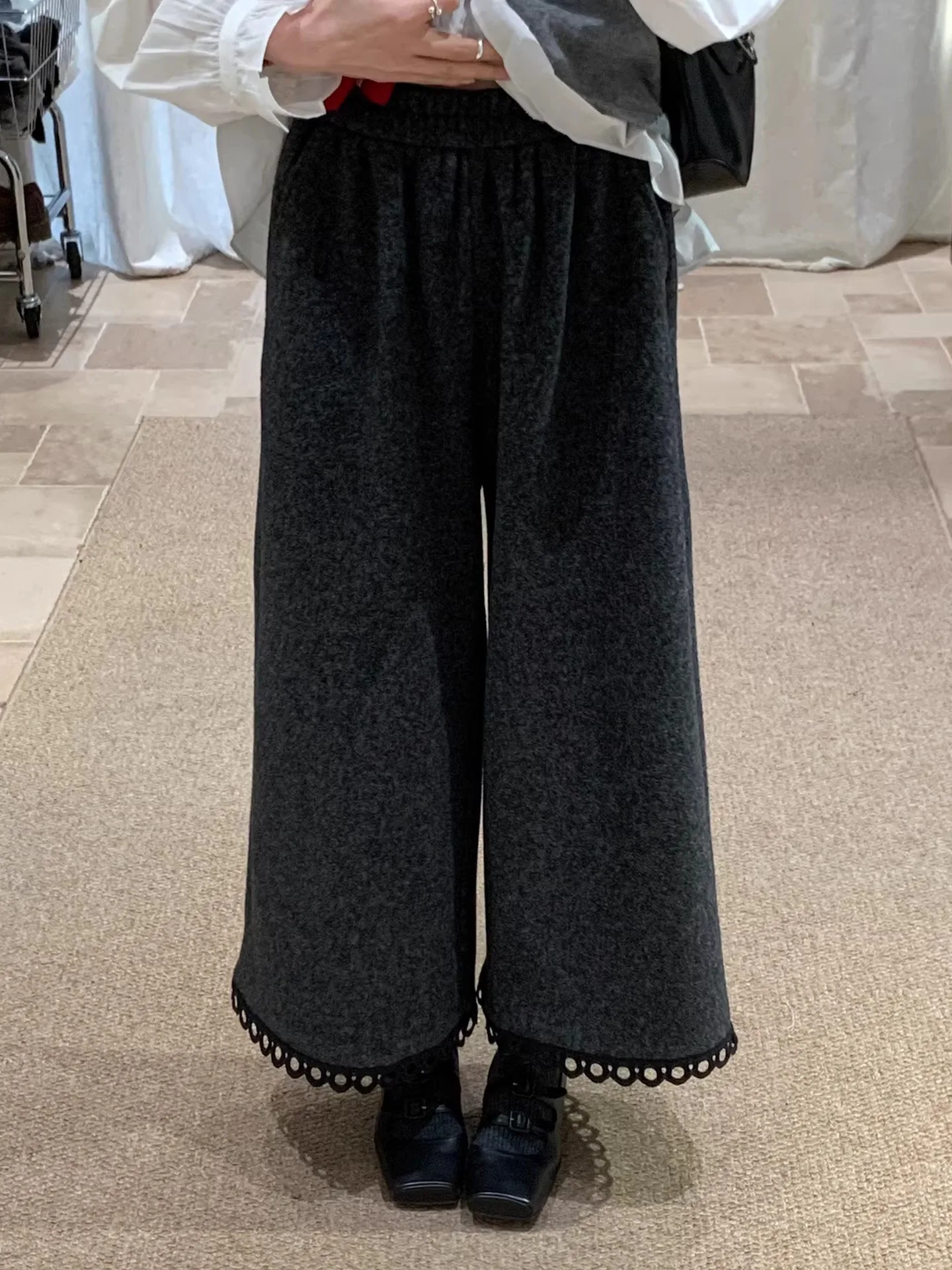 

BRIVIN Осенне-зимние шерстяные брюки с широкими штанинами, женские свободные прямые брюки с высокой талией, стройнящие, с кружевной отделкой, повседневные брюки