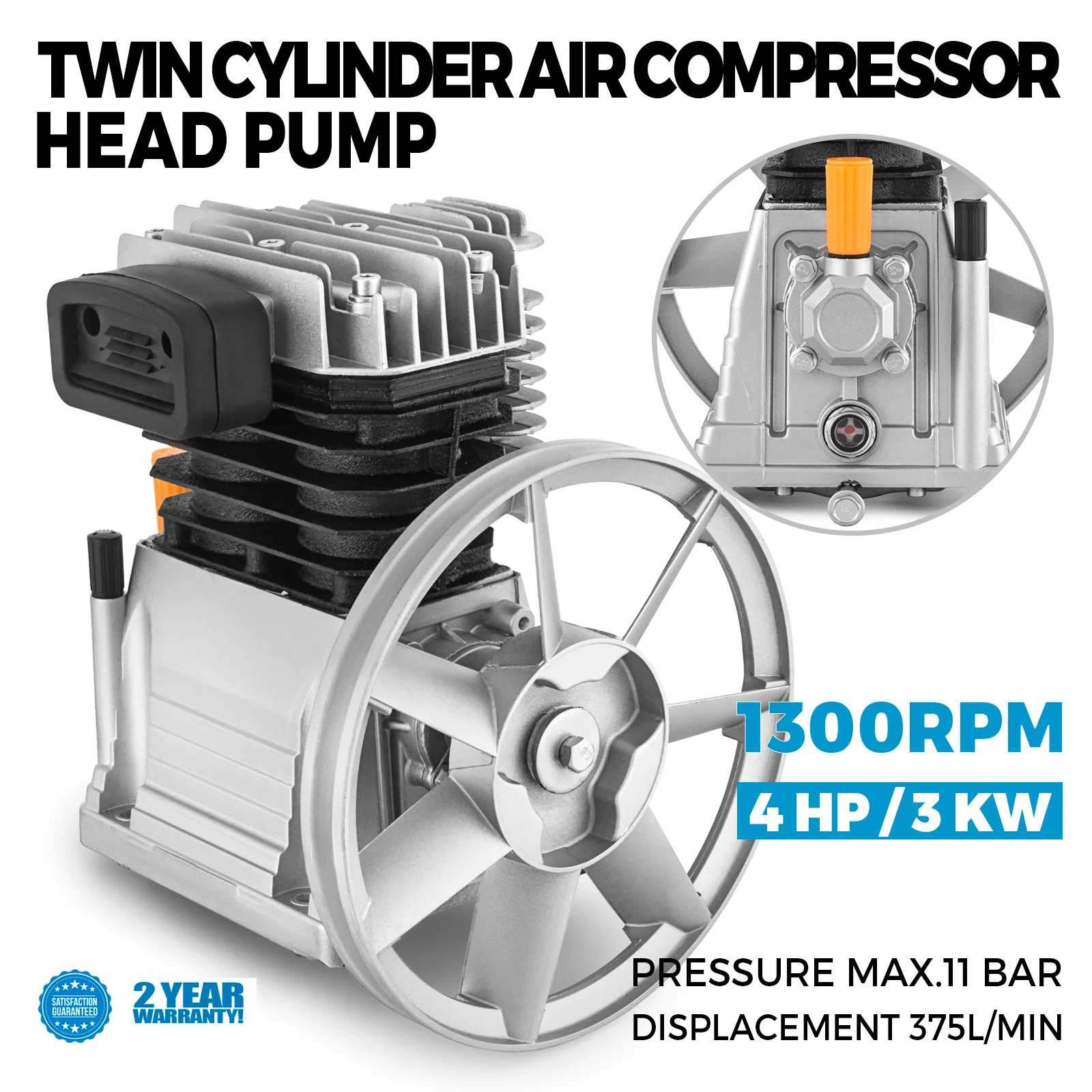 VEVOR 3HP 12CFM 1300RPM High-Spped Single Stage Twin Cylinder Aluminum Air Compressor Head Piston Style Splash Lubrication Pump