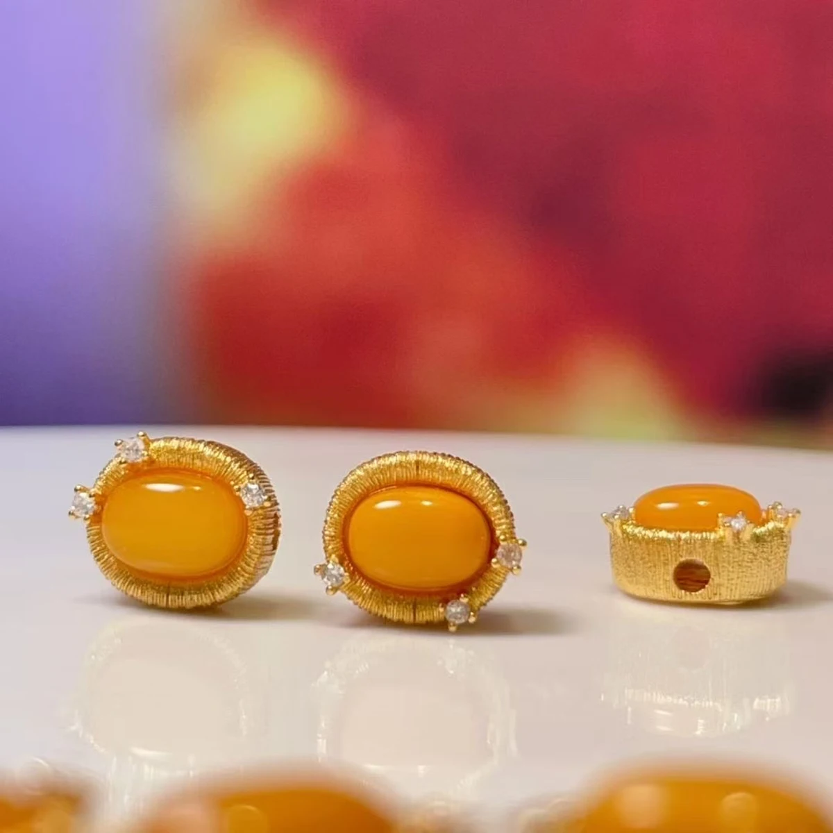 

8.5x9.5mm Oval Amber Charms with Golden Textured Frame & Diamond Accents DIY Craft Supplies for Earring Necklace Gifts