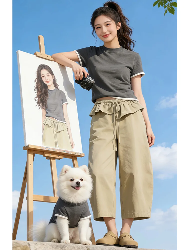 Khaki Wide Leg Pants Women's Summer New Loose Slimming Capri Workwear Trousers Cleanfit Style Low Waist Belted Citywalk