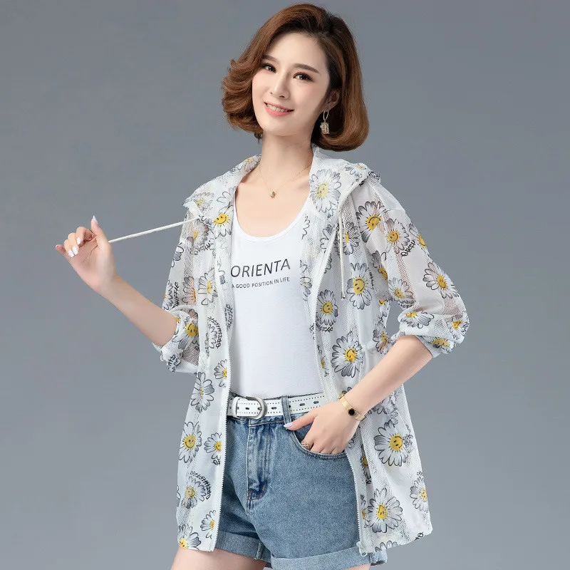 

Summer Polyester Women's Coat Hooded Long Sleeve Cardigan Pockets Plus Size Loose Print Thin Fashion Casual Coat