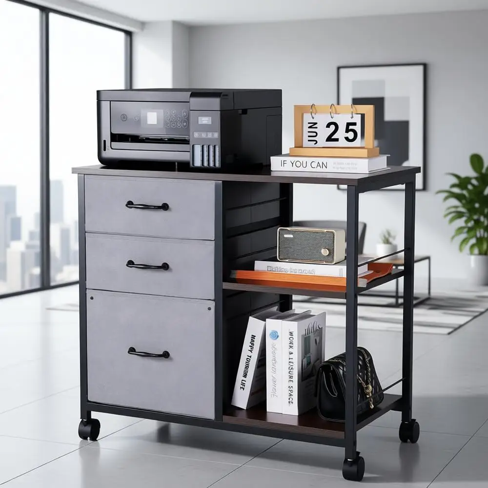 

Brown Mobile Fabric Drawer and Shelf Storage Cabinet with Wheels for A4/Legal Files