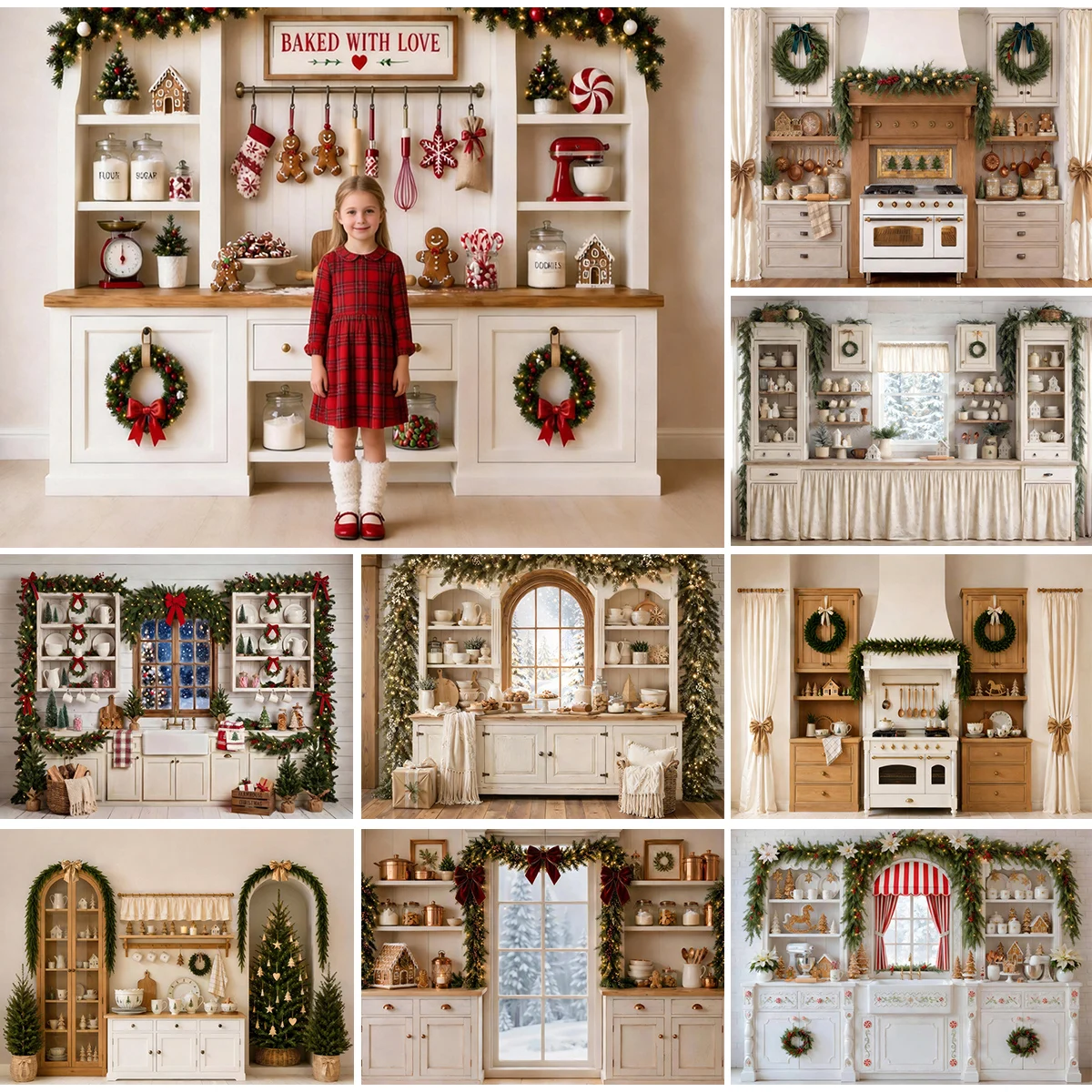 Vintage Christmas Farmhouse White Kitchen Photography Background For Cute Kids Family Holiday Xmas Portrait