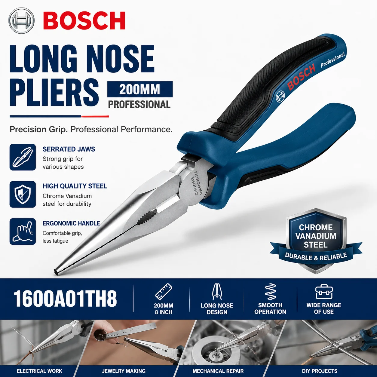 BOSCH Combination Pliers Long Nose Pliers Diagonal Cutters CrV Steel High Leverage Cutting Pliers Hand Tool for Repair DIY