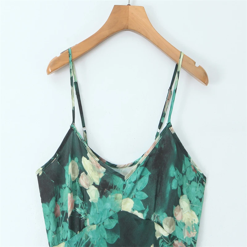 Abito da donna con stampa floreale verde scuro, abito da festa elegante midi in raso con scollo a V senza maniche, adatto a tutte le stagioni