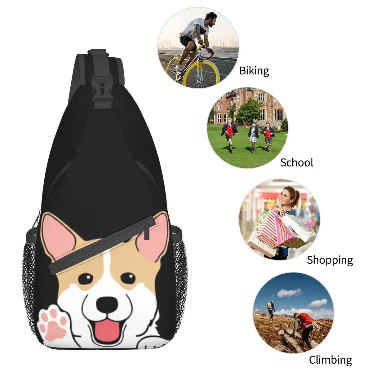 Corgi Cute Paws Smile Crossbody Sling Bag Casual Chest Bag Puppy Dog Animals zaino a tracolla Daypack per viaggi escursionismo sport