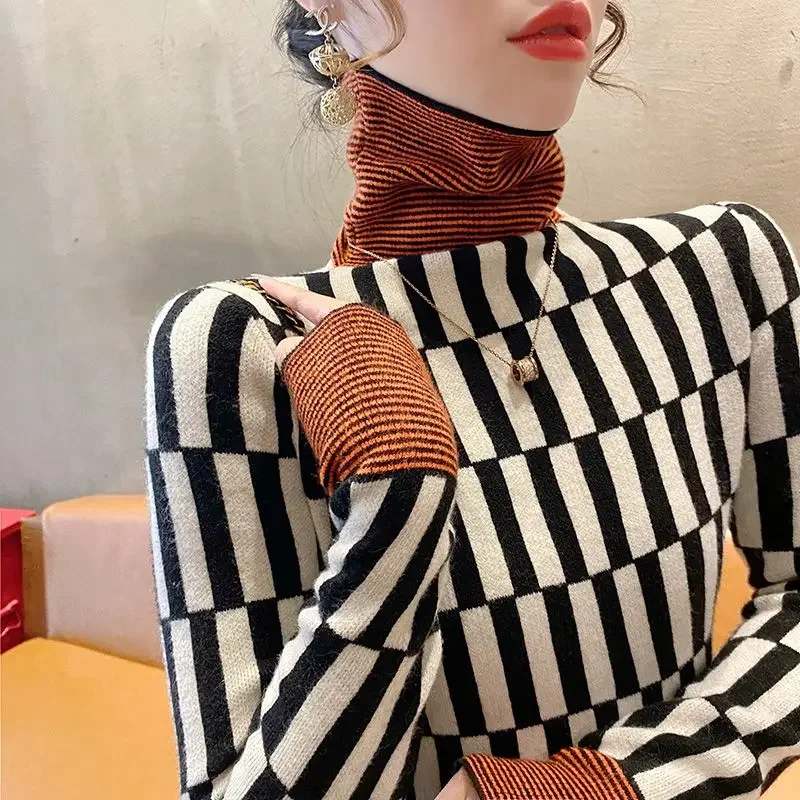 Women's High Collar Patchwork Striped Sweater Autumn and Winter Underlay 2023 New Fashion Long Sleeve Color Pullover Knit Tops