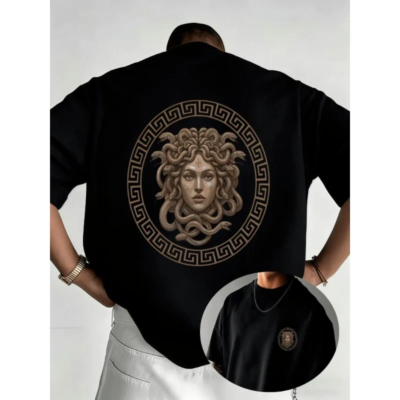 European and American retro Medusa printed men's short sleeved T-shirt with Greek mythological snake hair female monster pattern