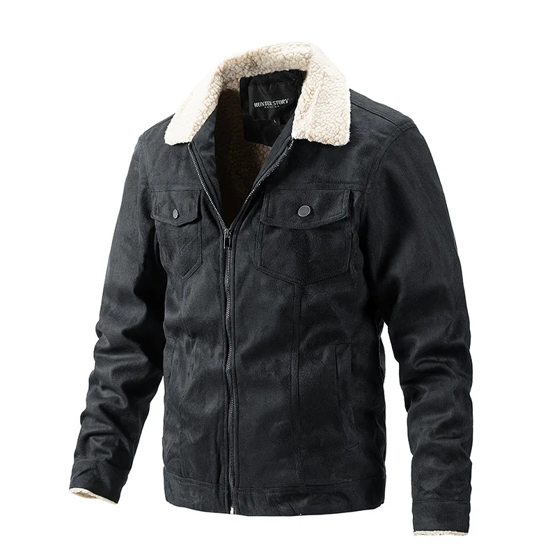 Veste en daim à revers d\'agneau pour hommes, vêtements d\'extérieur décontractés, haut d\'affaires, fermeture éclair, sourire, automne, hiver