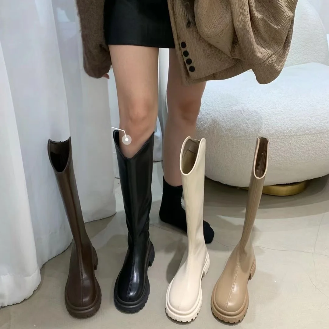 

Ультрамягкие высокие сапоги до колена на флисовой подкладке с V-образным вырезом, облегающие, в корейском стиле, для осени и зимы