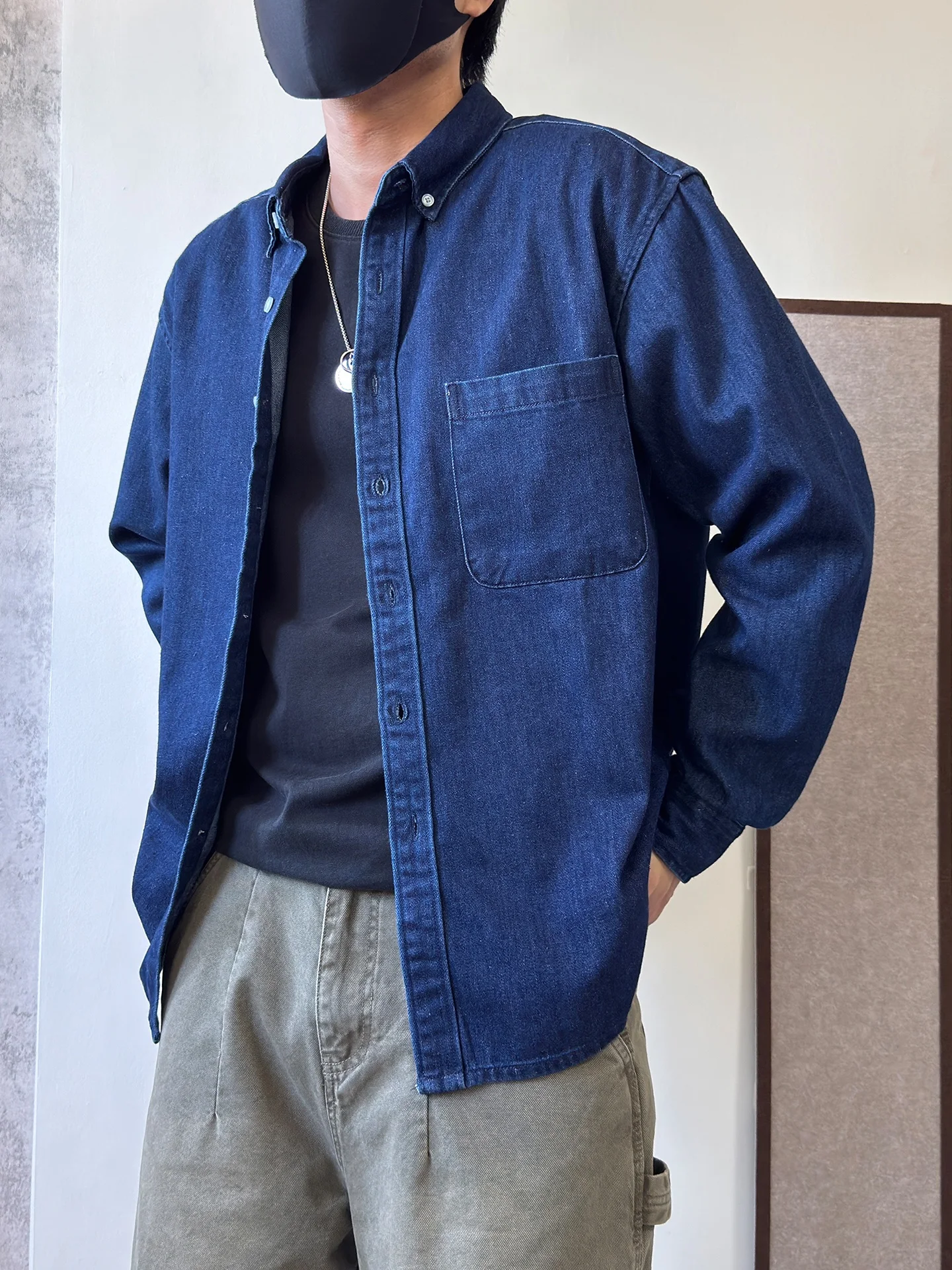 

Retro American Workwear Denim Shirt Men's Long Sleeve Blue Casual Coat Fall New Style Worn Resistant Loose Fit Cotton Blend