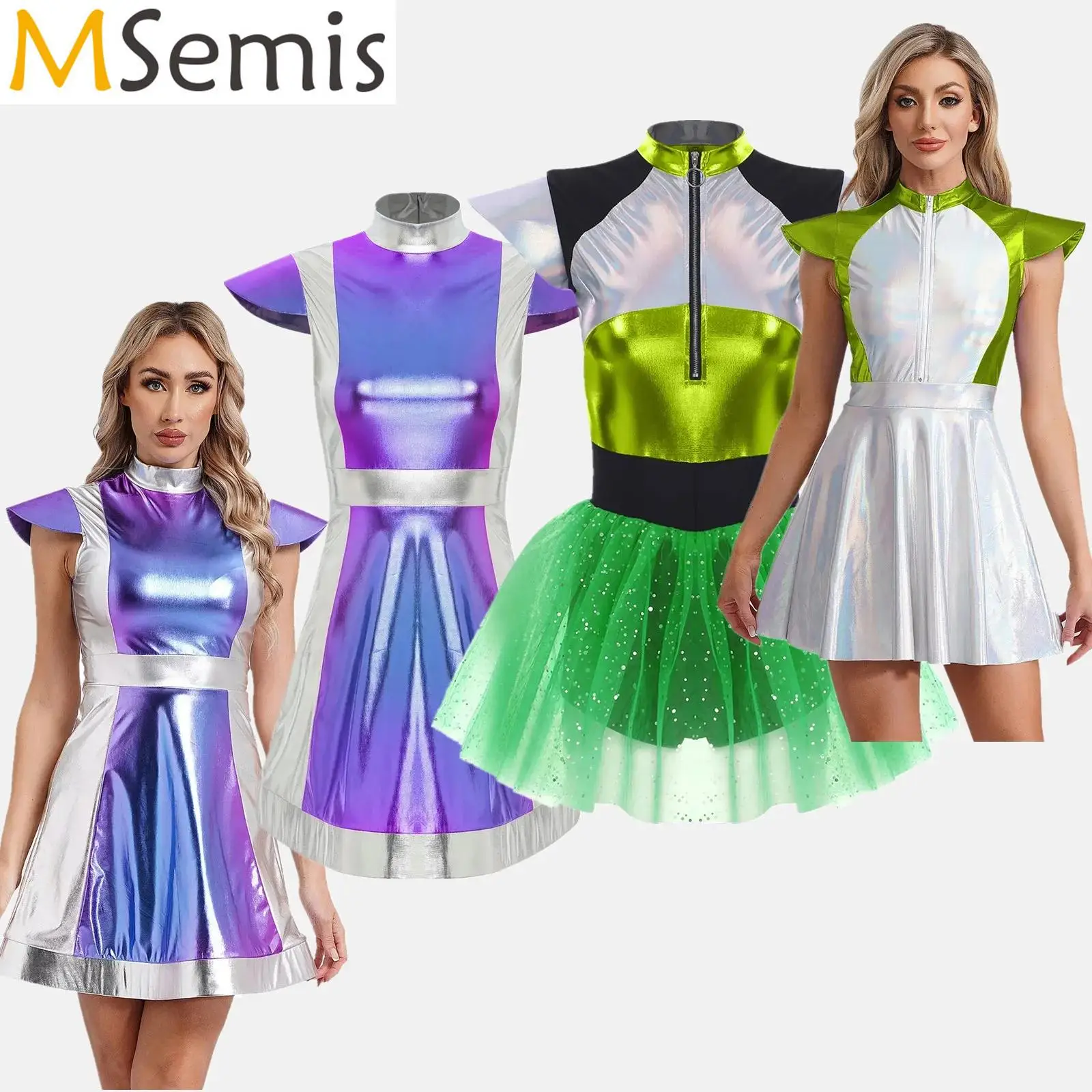 

Womens Space Cadet Fighter Alien Dress Up Outfits Halloween Cosplay Costume Metallic Shiny Outer Space Robot Alien Leotard Dress