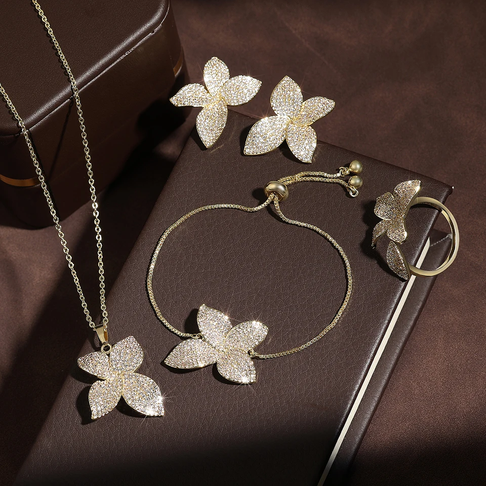 ZAKOL Luxury Micro Pave Setting Cubic Zirconia Leaf Earrings Ring Bracelet Necklace Gorgeous Dubai Jewelry Set For Dinner Party