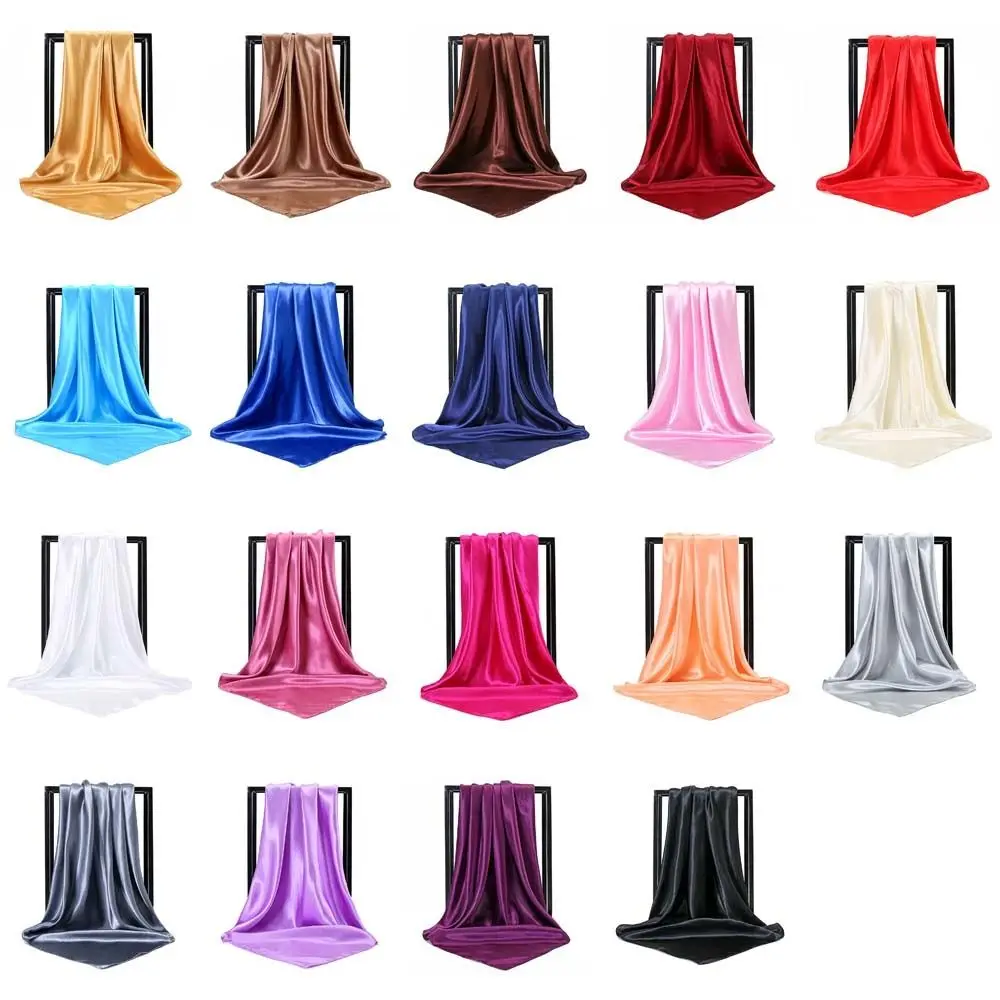 Elegant 90cm Satin Silk Scarf Soft Lightweight Square Neck Scarves Hijab Large Size Pure Color Shawl Outdoor