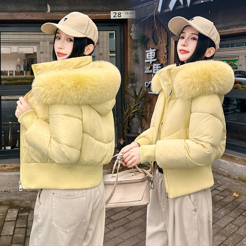 Chaqueta de algodón Gypsy Down para mujer, parka con cuello de piel grande, chaqueta corta con capucha, abrigo acolchado de algodón grueso y cálido, ropa exterior femenina.