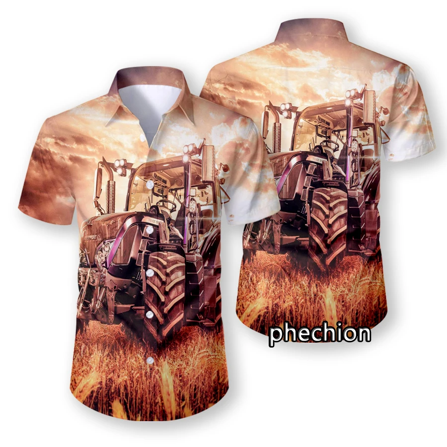 phechion Mens Short Sleeve Beach Shirts Agriculture Machinery Tractor 3D Printed Casual Shirts Fashion Streetwear Men Tops X110