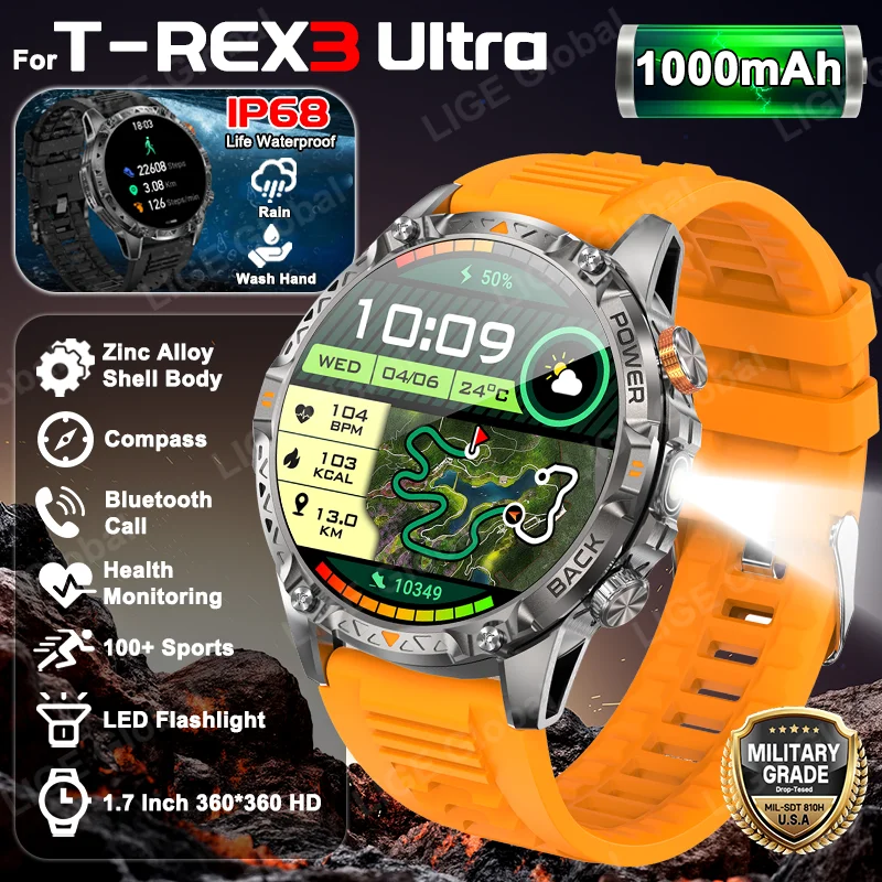 

LIGE 2026 For T-Rex 3 Ultra Smart Watch 1000mAh Super Capacity Battery 1.7" HD Bluetooth Call IP68 Compass Men Sports Smartwatch